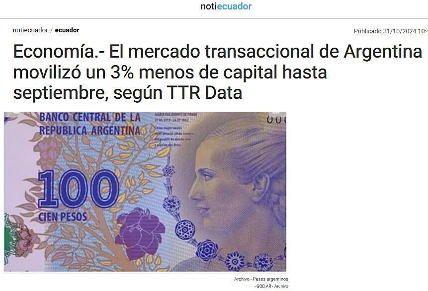 Economa.- El mercado transaccional de Argentina moviliz un 3% menos de capital hasta septiembre, segn TTR Data